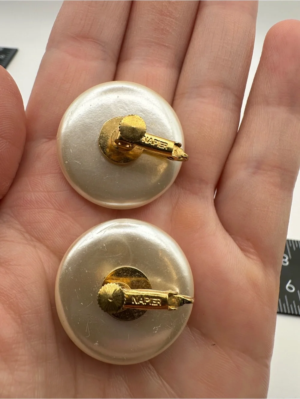 Napier Signed Gold Tone White Simulated Round Pearl Screw Back Earrings